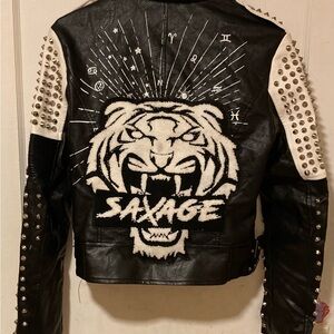 Savage Embroidered Studded Leather Jacket - Black & White